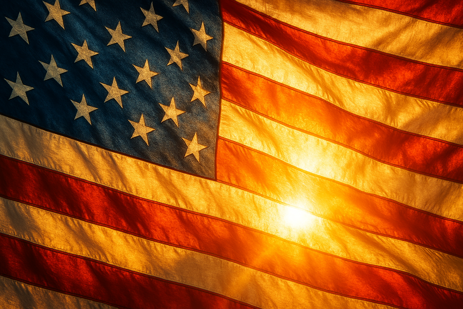 Generate an image of a close up american flag with the sun shining through it.