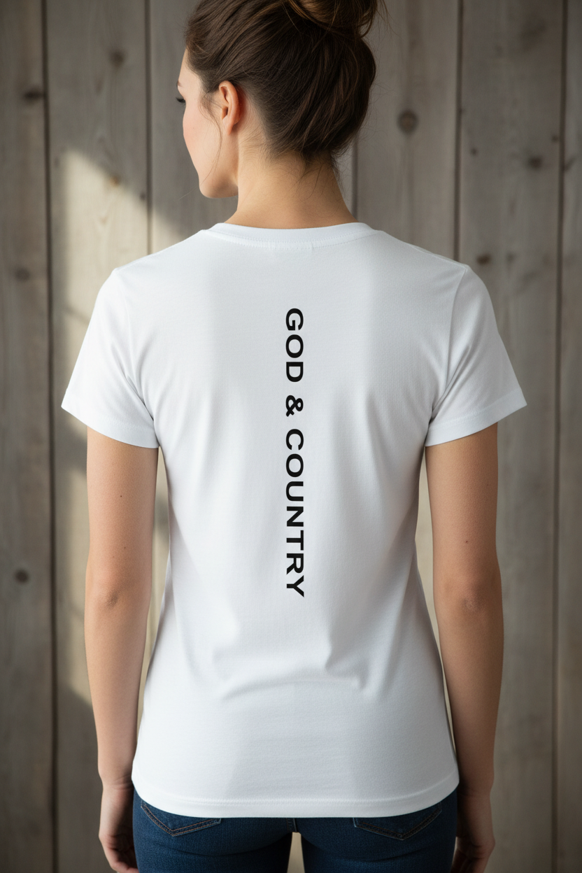 Same female model from behind wearing white t-shirt with black GOD & COUNTRY text