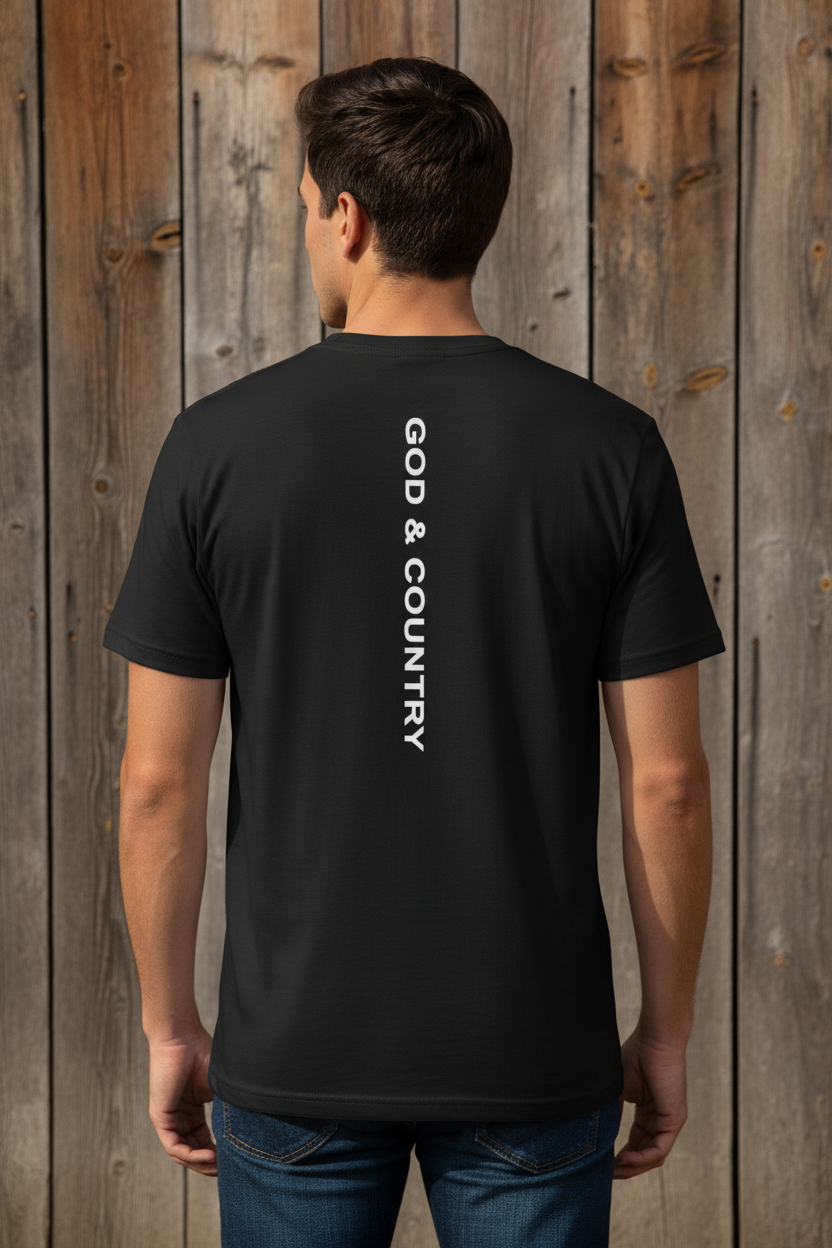 Same male model from behind wearing black t-shirt with white GOD & COUNTRY text