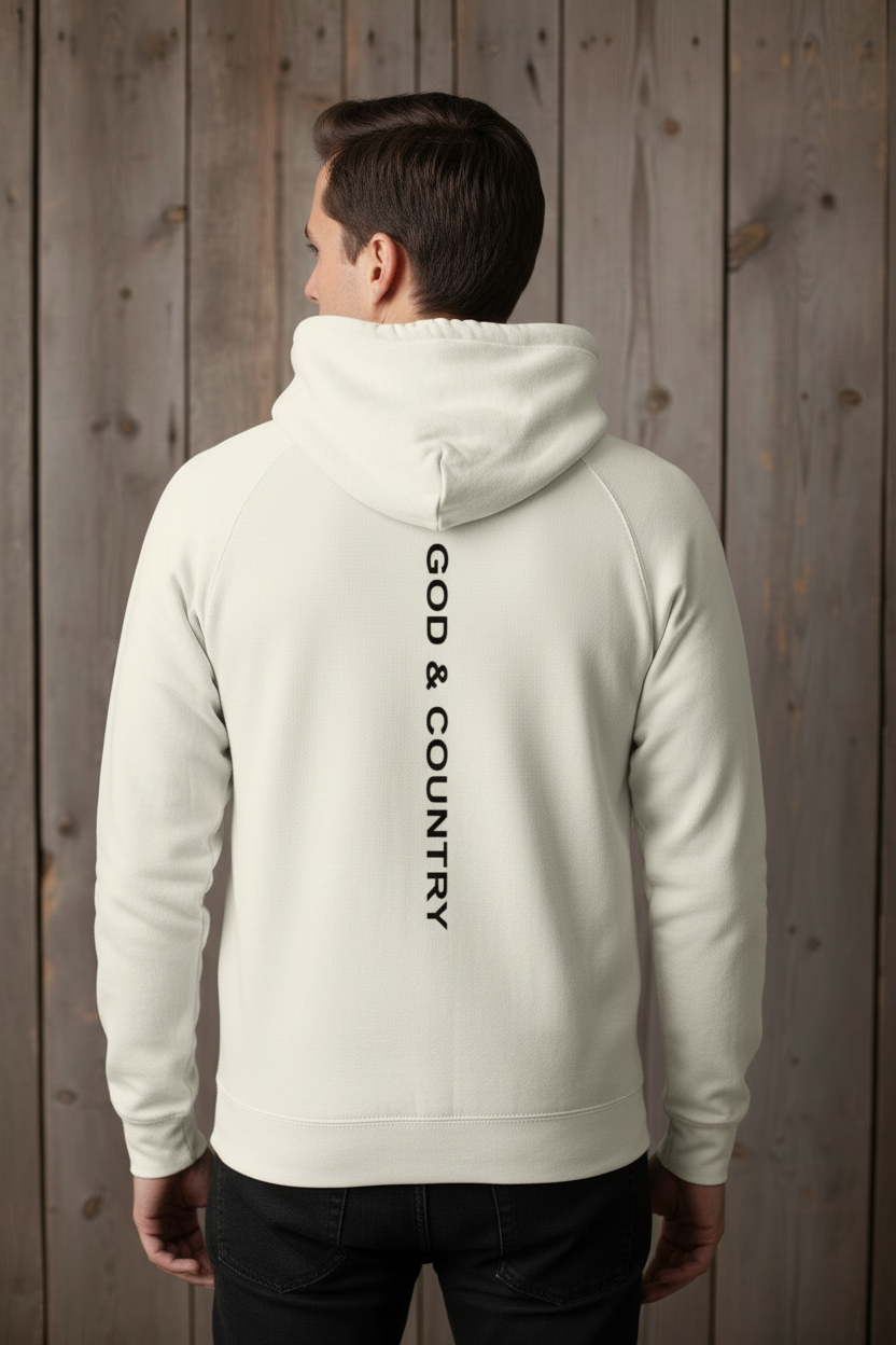 Same male model from behind wearing white gardenia G&C hoodie showing GOD & COUNTRY text