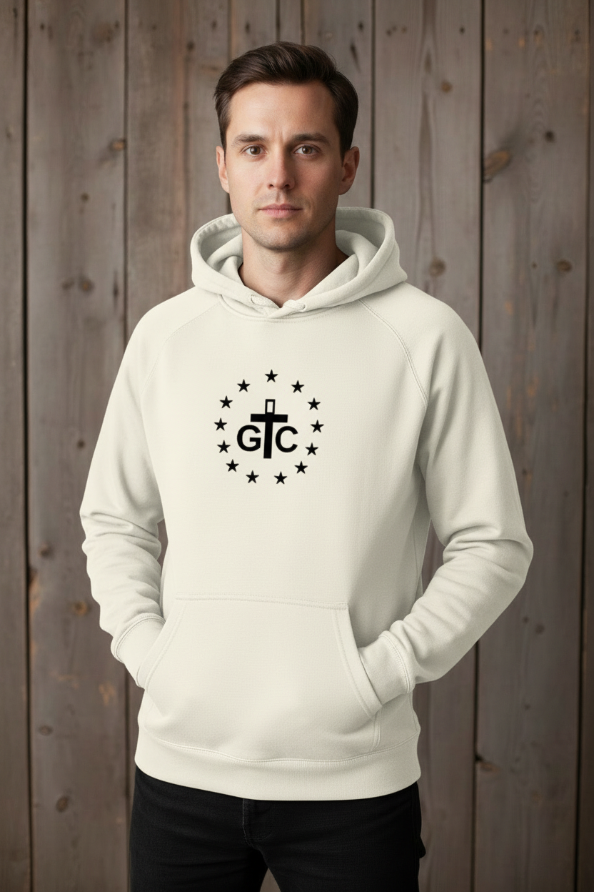 Same male model wearing white gardenia G&C hoodie from front